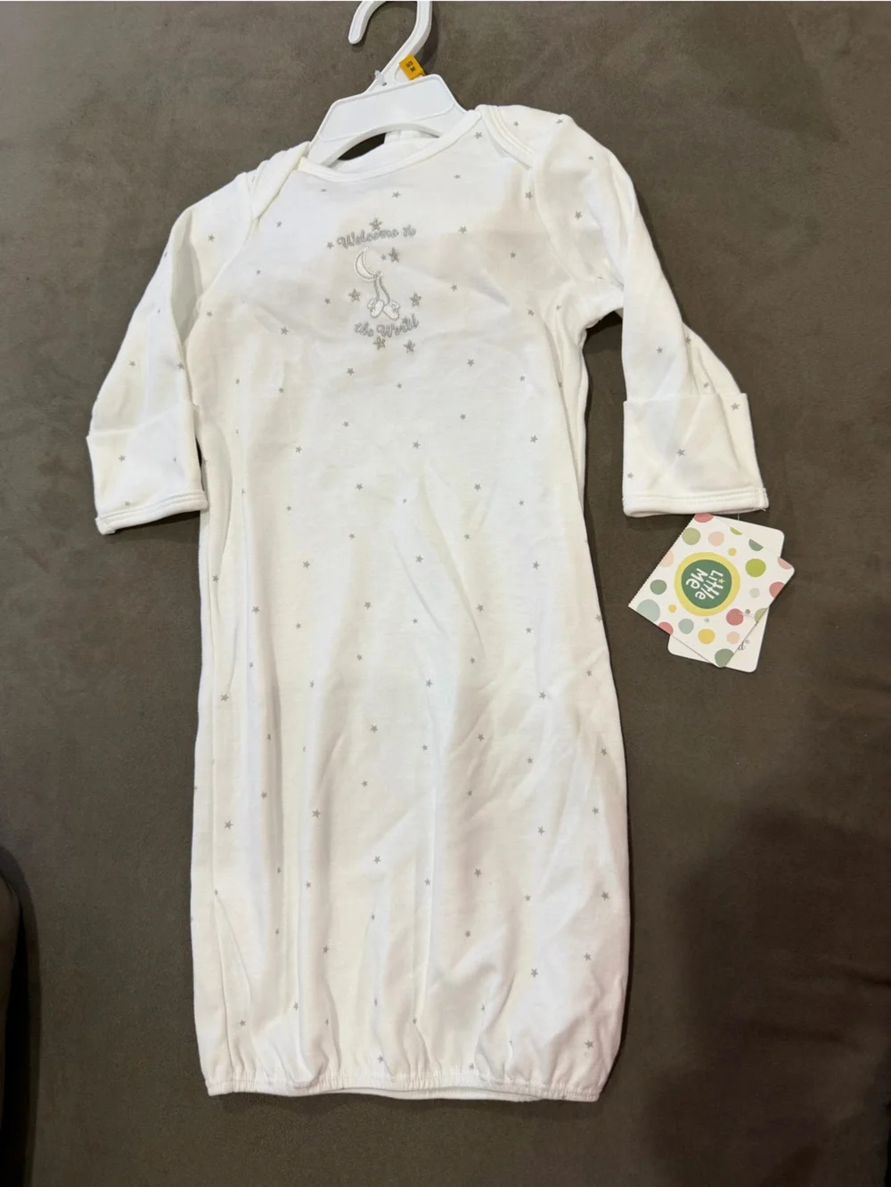 Little Me White Sleepsack with Tiny Gray Stars welcome to the world